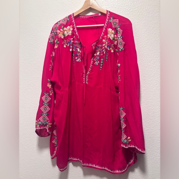 Johnny Was Red Embroidered Floral Blouse Tunic Boho - Picture 3 of 8